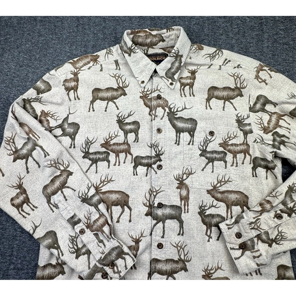 Woolrich Shirt Mens Large Beige Deer Elk All Over Print Button Down Hunting